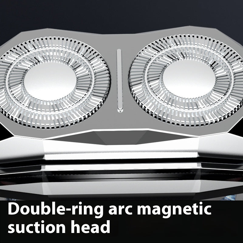 Mini Electric Shaver Magnetic Suction Double Cutter Head Portable Shaver med dubbelringad sugkåpa för effektiv rakning.